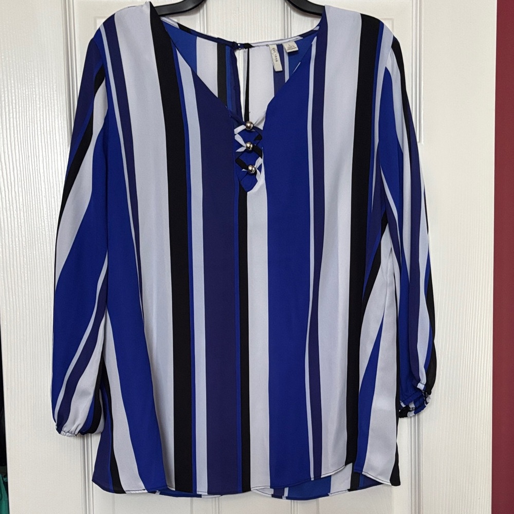 Cato Elegant Blue and Black Striped Women's Blouse size large